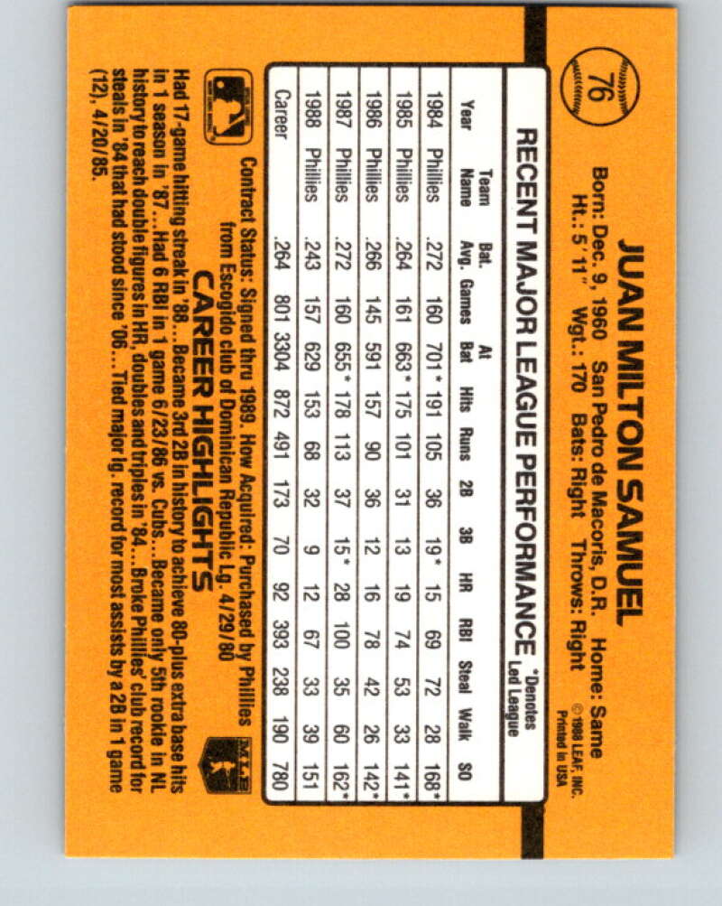1989 Donruss #76 Juan Samuel Mint Philadelphia Phillies  Image 2