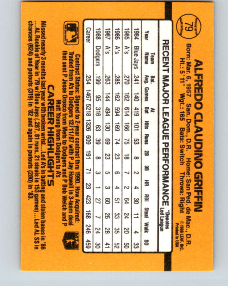 1989 Donruss #79 Alfredo Griffin Mint Los Angeles Dodgers Image 2