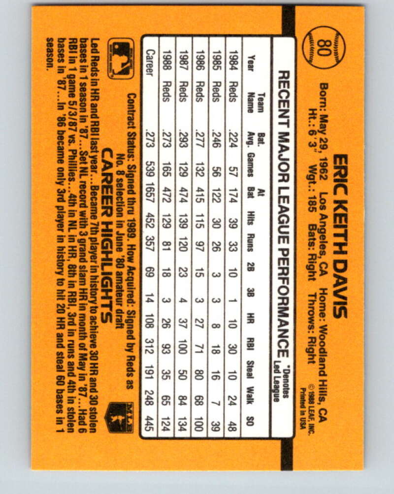 1989 Donruss #80 Eric Davis UER Mint Cincinnati Reds Image 2