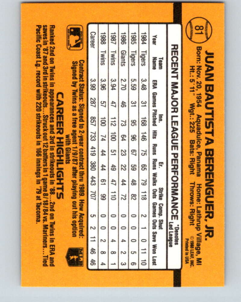 1989 Donruss #81 Juan Berenguer Mint Minnesota Twins Image 2