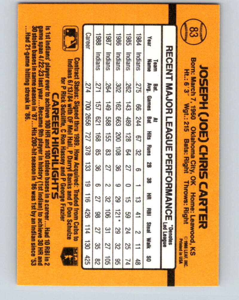 1989 Donruss #83 Joe Carter Mint Cleveland Indians Image 2