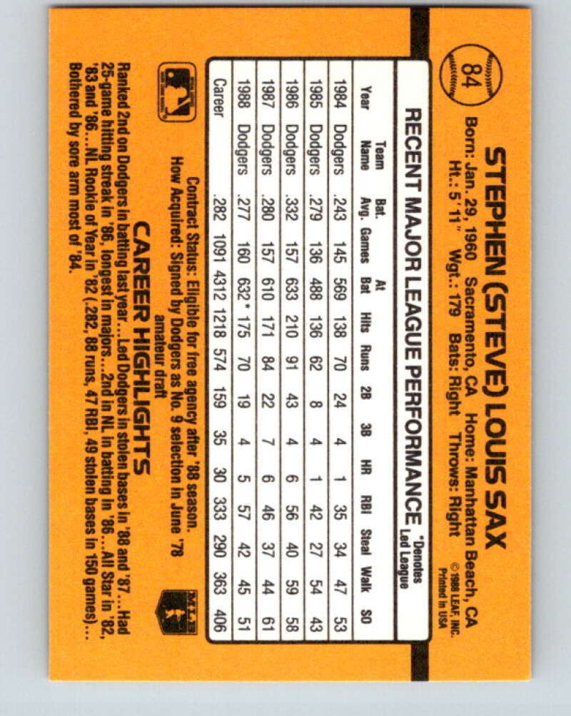 1989 Donruss #84 Steve Sax Mint Los Angeles Dodgers Image 2