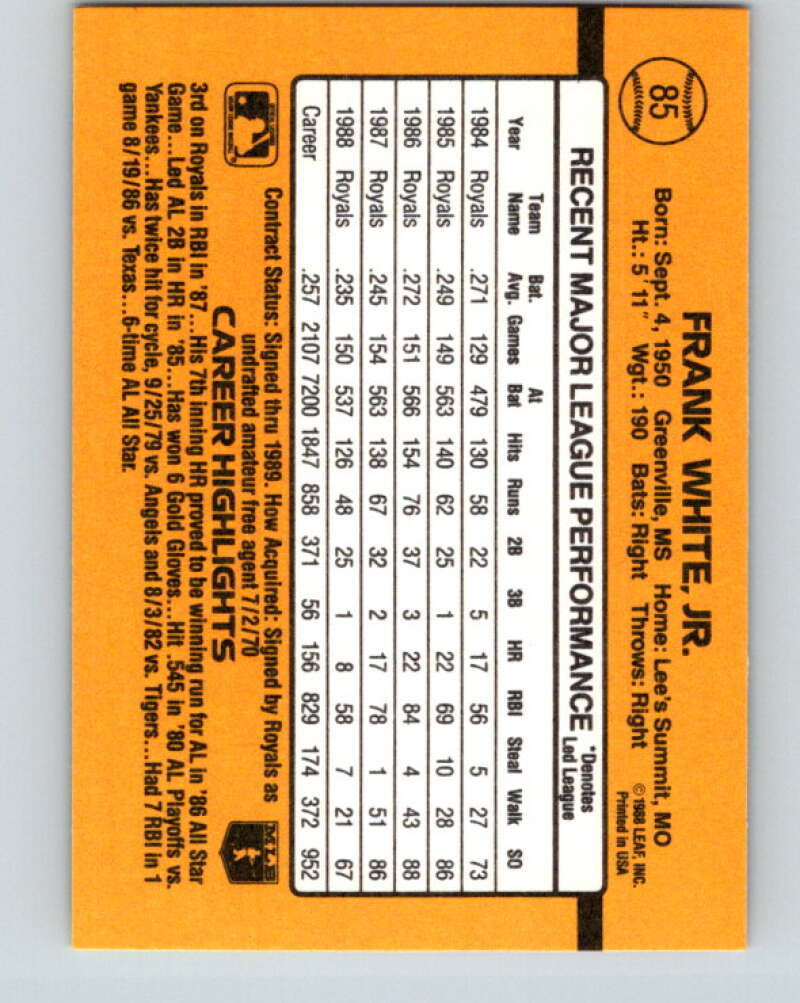 1989 Donruss #85 Frank White Mint Kansas City Royals Image 2