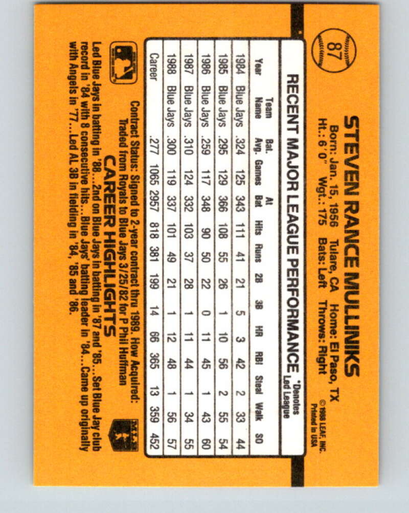 1989 Donruss #87 Rance Mulliniks Mint Toronto Blue Jays Image 2
