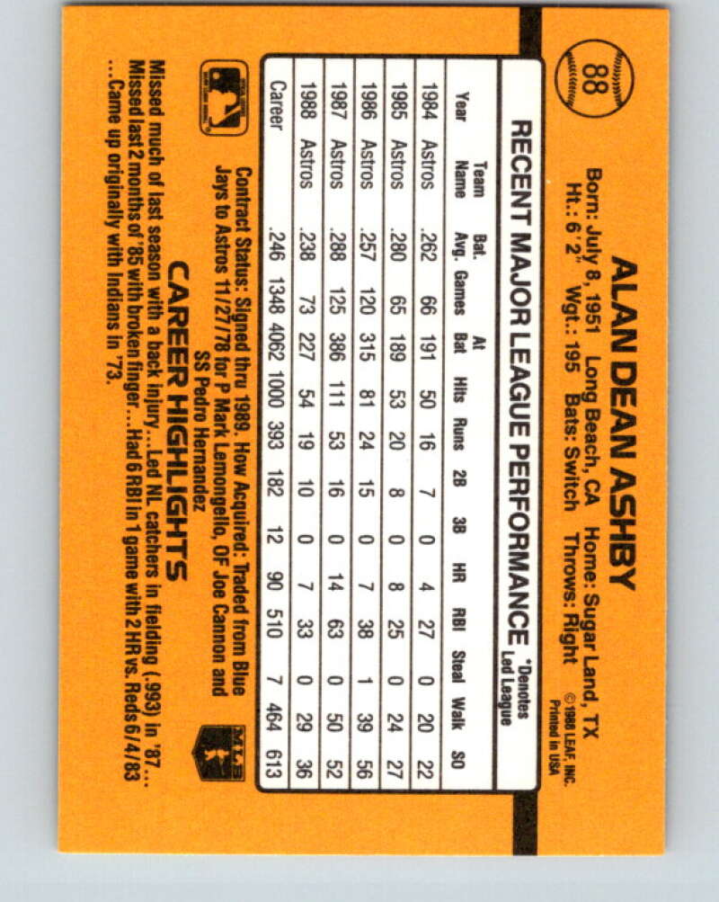 1989 Donruss #88 Alan Ashby Mint Houston Astros Image 2