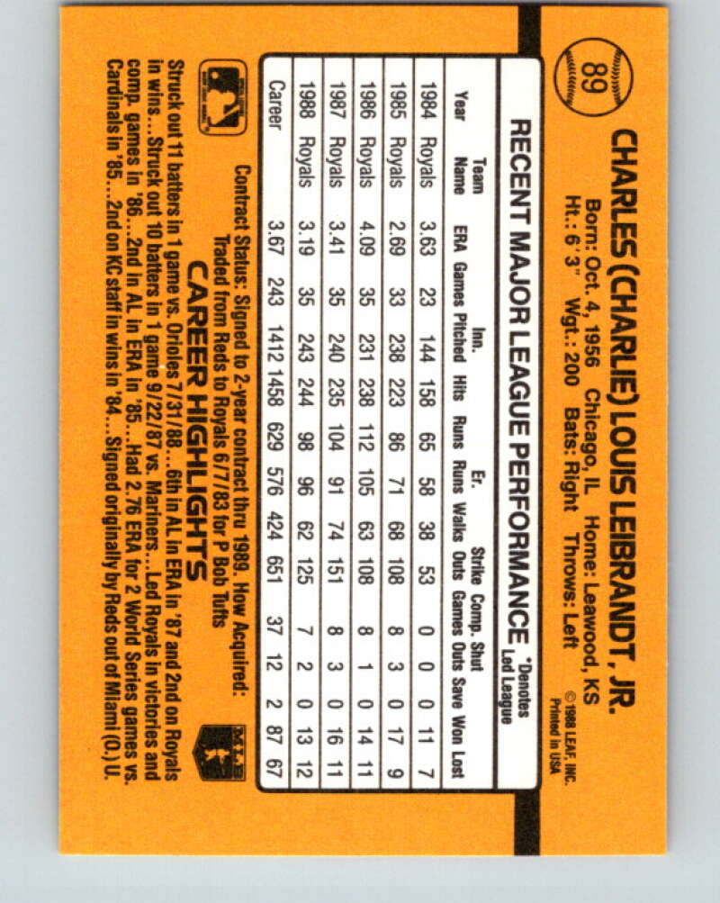 1989 Donruss #89 Charlie Leibrandt Mint Kansas City Royals Image 2