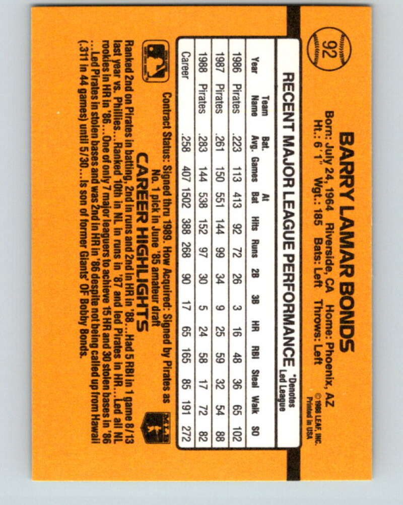 1989 Donruss #92 Barry Bonds Mint Pittsburgh Pirates