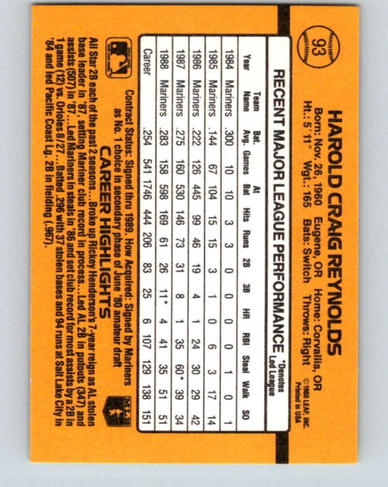 1989 Donruss #93 Harold Reynolds Mint Seattle Mariners Image 2