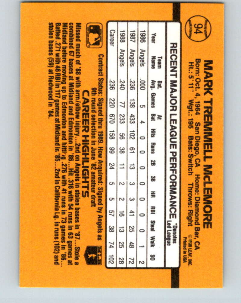 1989 Donruss #94 Mark McLemore Mint California Angels Image 2