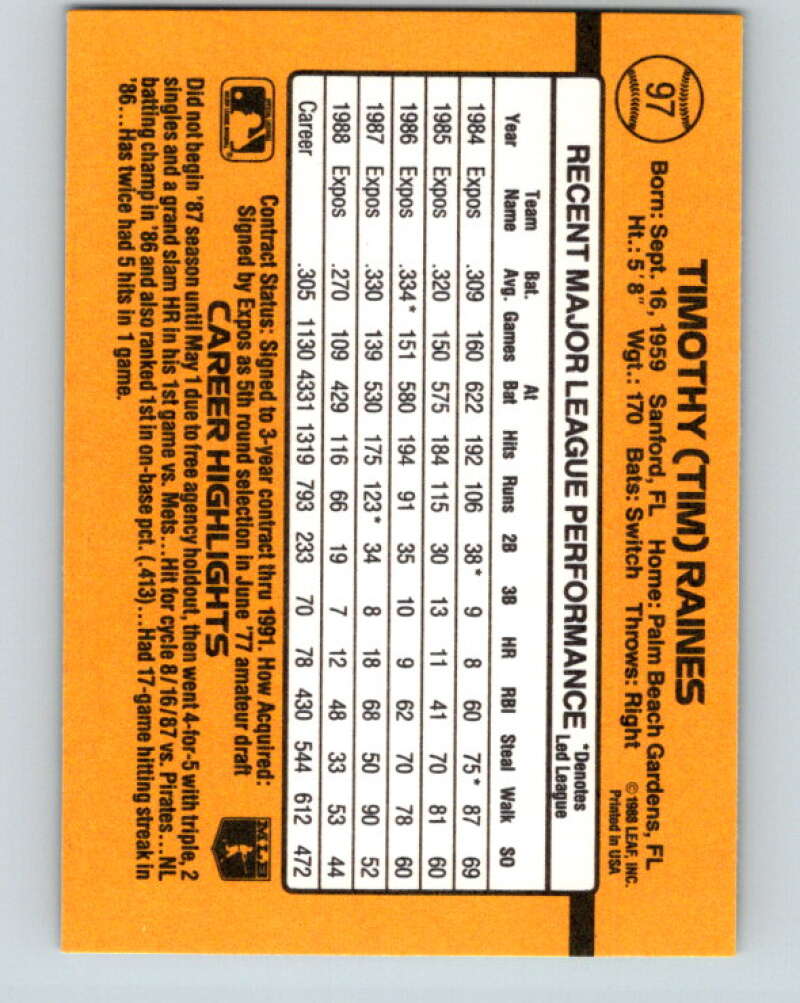 1989 Donruss #97 Tim Raines Mint Montreal Expos