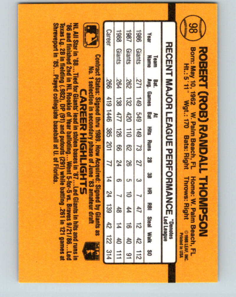 1989 Donruss #98 Robby Thompson Mint San Francisco Giants Image 2