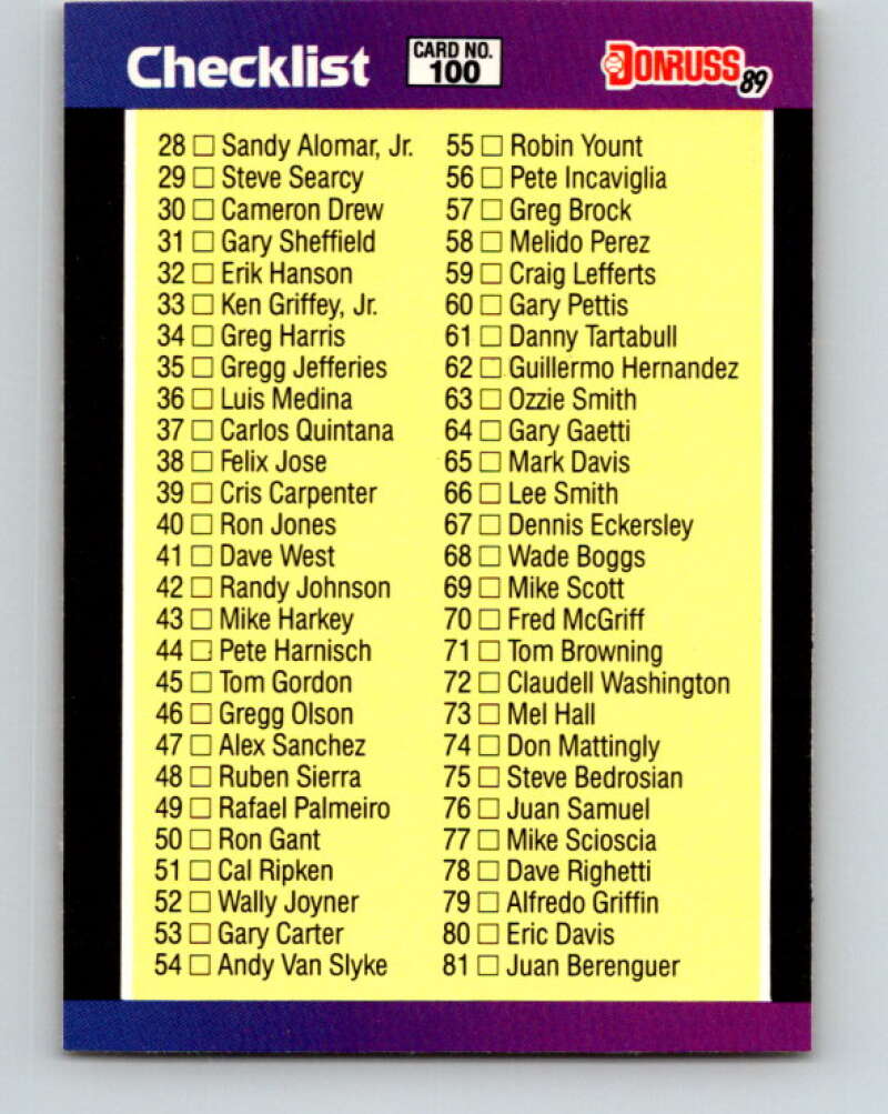 1989 Donruss #100 Checklist 28-137 Mint checklist Image 1