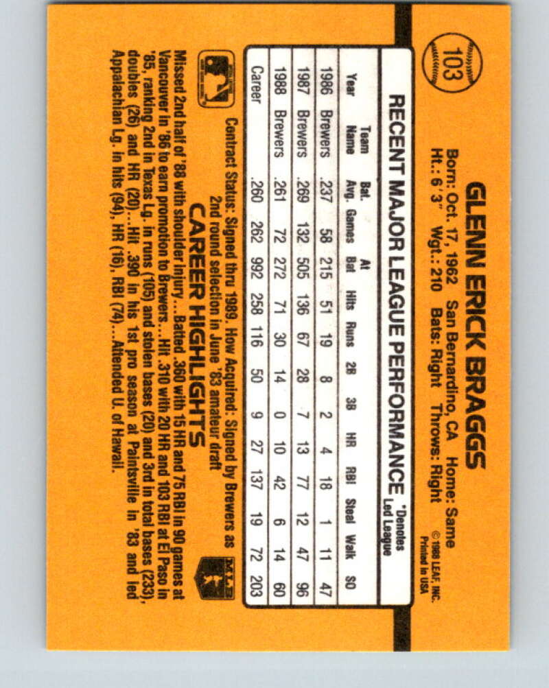 1989 Donruss #103 Glenn Braggs Mint Milwaukee Brewers Image 2