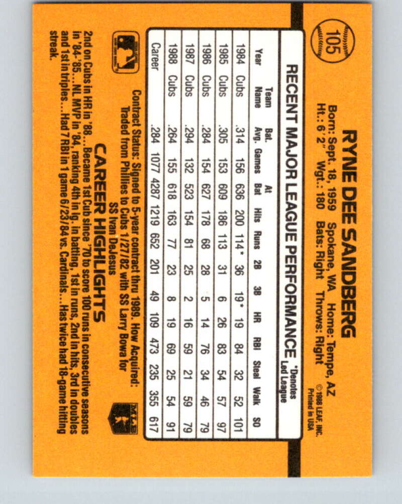 1989 Donruss #105 Ryne Sandberg Mint Chicago Cubs Image 2