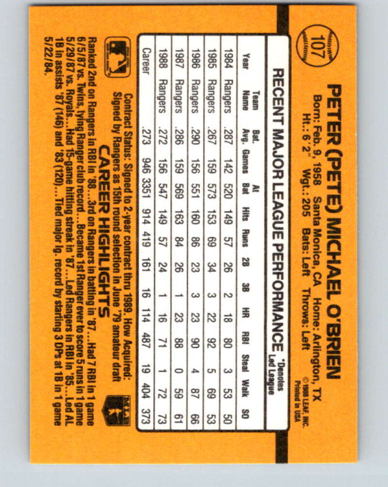 1989 Donruss #107 Pete O'Brien Mint Texas Rangers Image 2