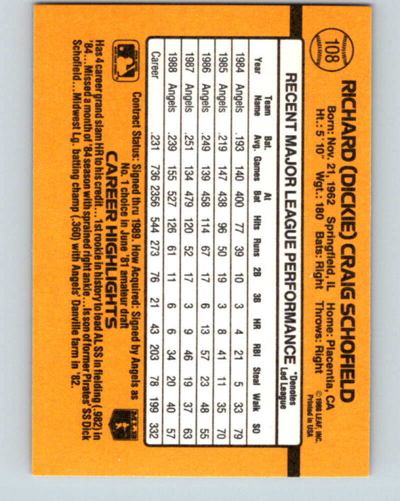 1989 Donruss #108 Dick Schofield Mint California Angels Image 2