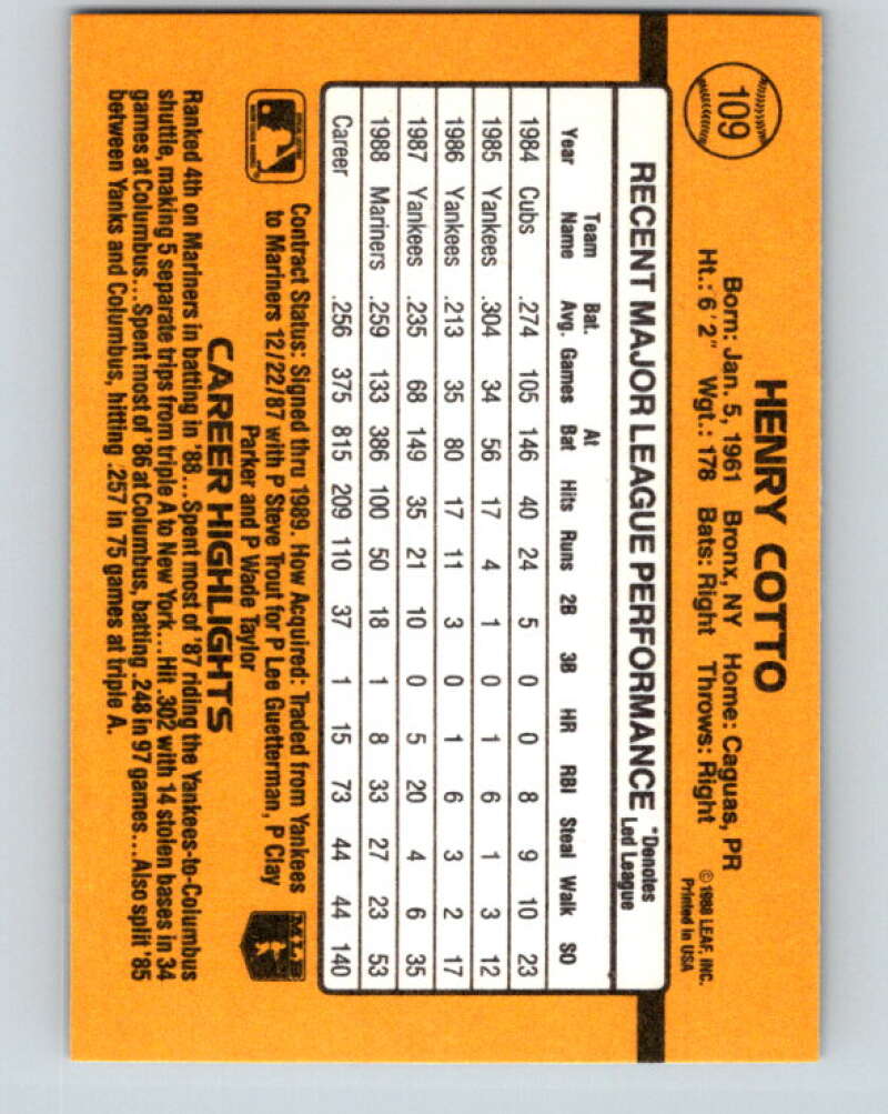 1989 Donruss #109 Henry Cotto Mint Seattle Mariners Image 2