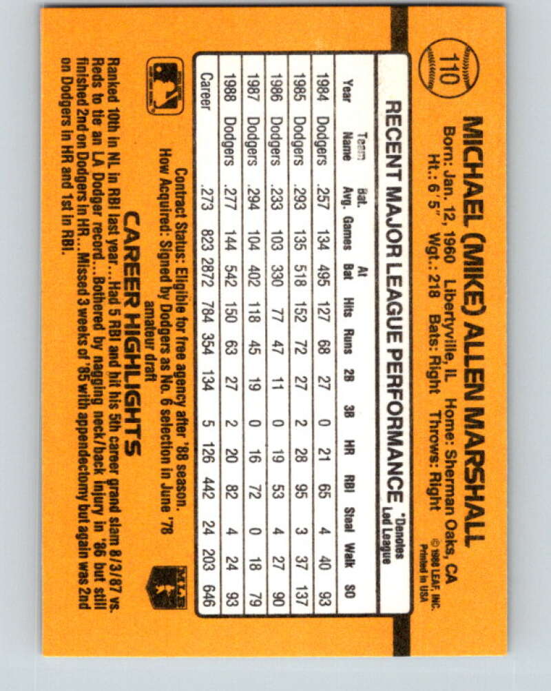 1989 Donruss #110 Mike Marshall Mint Los Angeles Dodgers Image 2