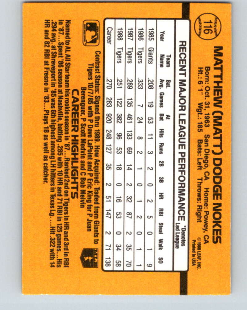 1989 Donruss #116 Matt Nokes Mint Detroit Tigers Image 2