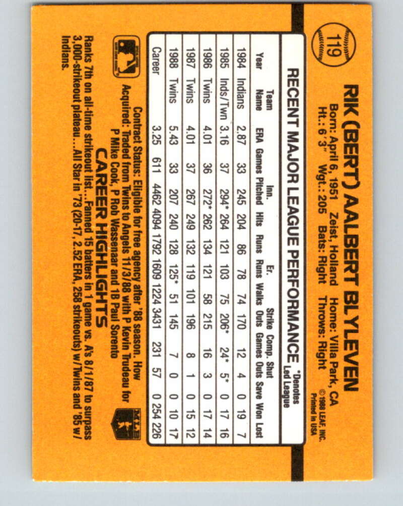1989 Donruss #119 Bert Blyleven UER Mint Minnesota Twins Image 2