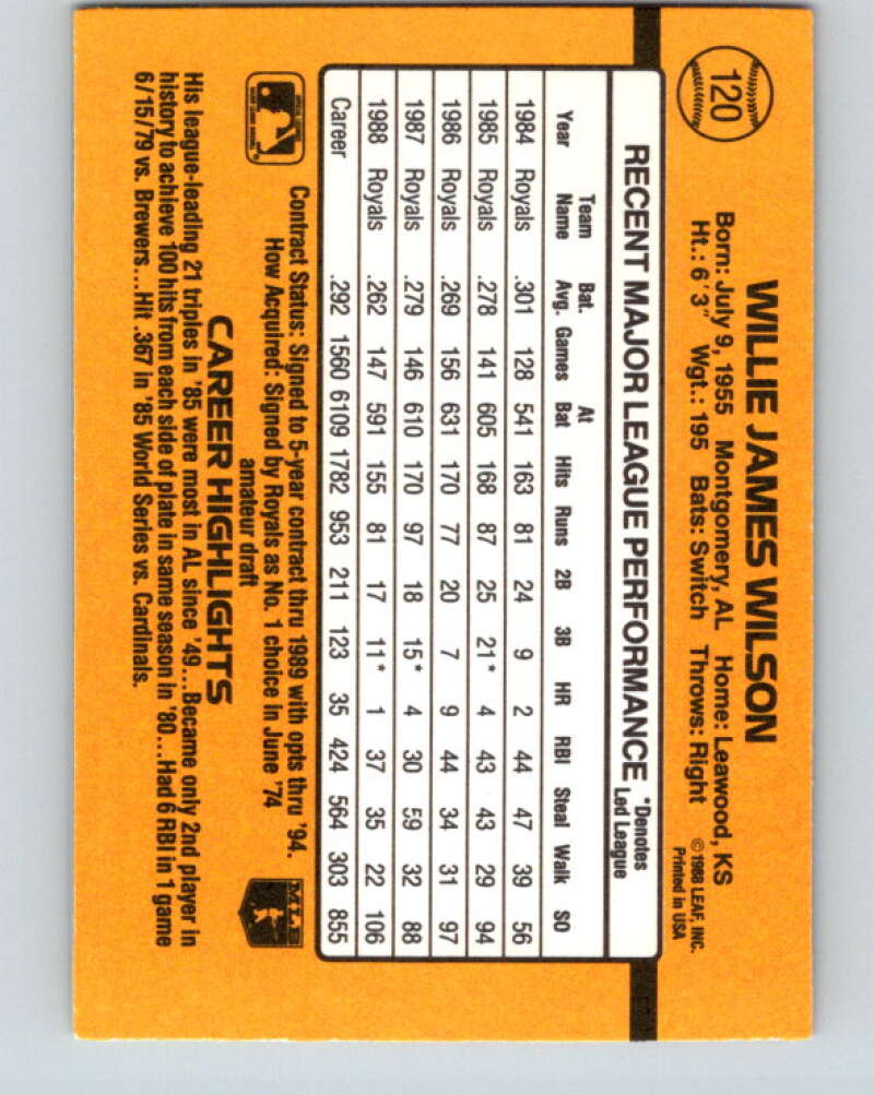 1989 Donruss #120 Willie Wilson Mint Kansas City Royals Image 2
