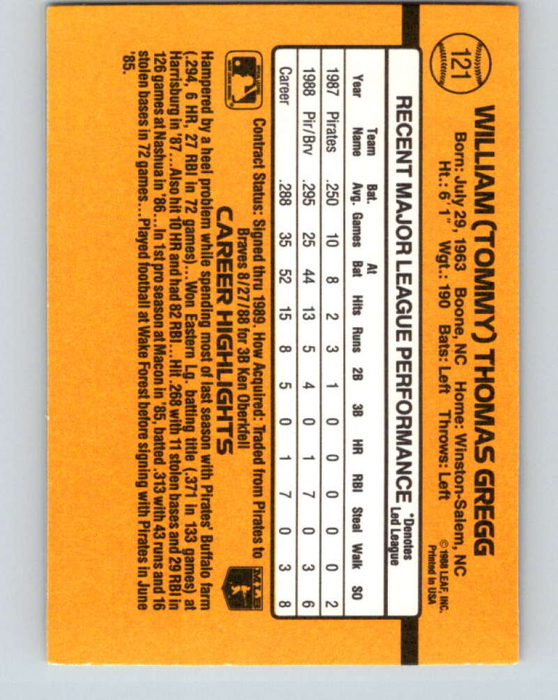 1989 Donruss #121 Tommy Gregg Mint Atlanta Braves Image 2