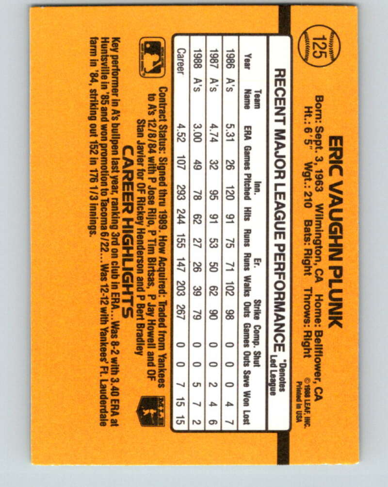 1989 Donruss #125 Eric Plunk Mint Oakland Athletics Image 2
