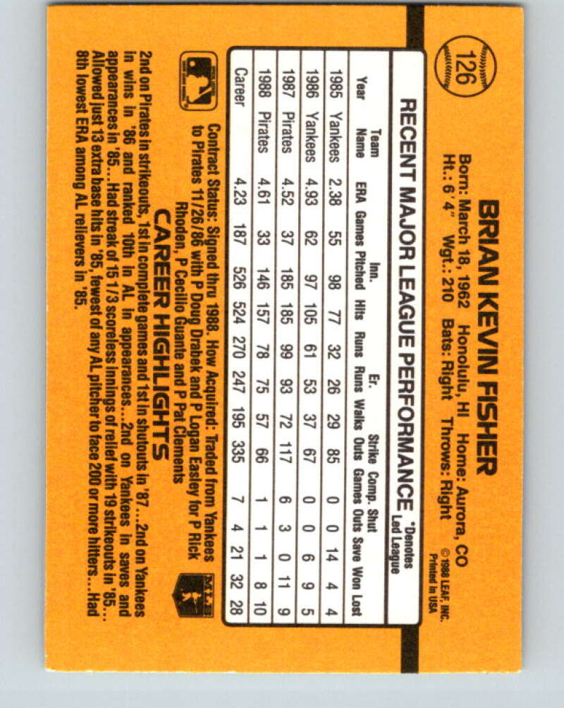 1989 Donruss #126 Brian Fisher Mint Pittsburgh Pirates Image 2