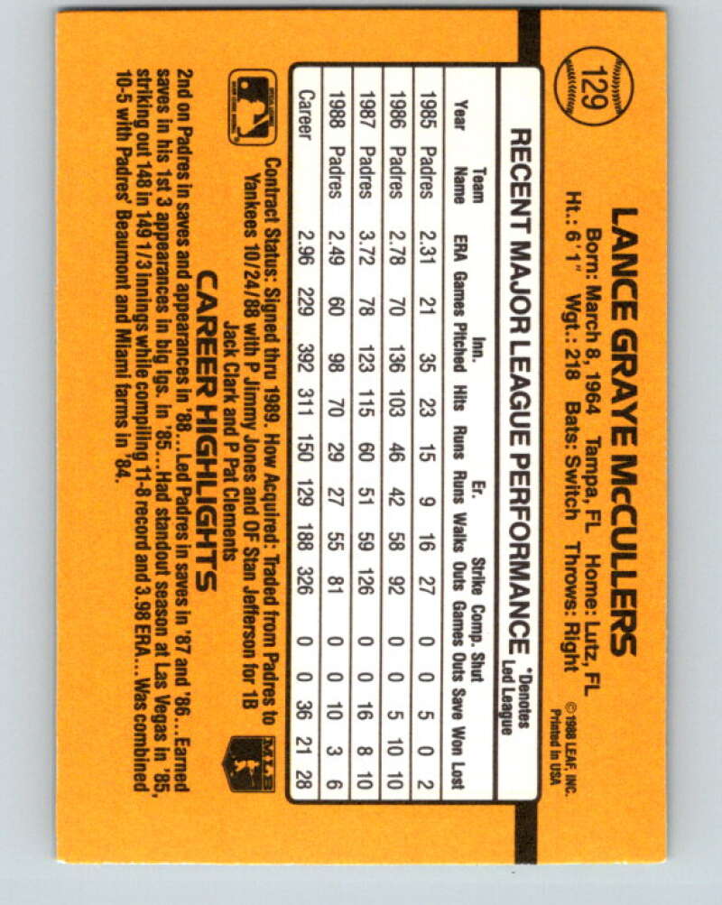 1989 Donruss #129 Lance McCullers Mint San Diego Padres Image 2