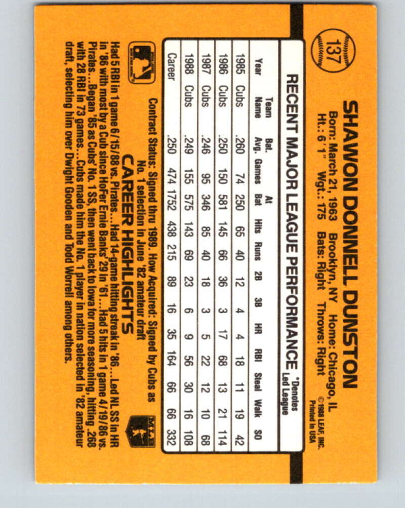 1989 Donruss #137 Shawon Dunston Mint Chicago Cubs Image 2