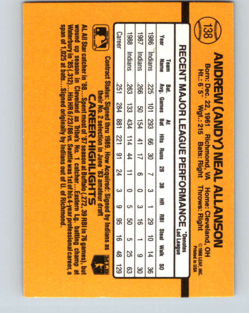 1989 Donruss #138 Andy Allanson Mint Cleveland Indians Image 2
