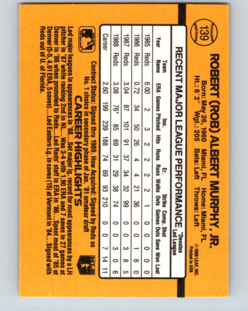 1989 Donruss #139 Rob Murphy Mint Cincinnati Reds Image 2