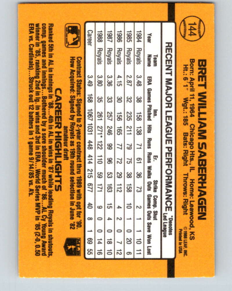 1989 Donruss #144 Bret Saberhagen Mint Kansas City Royals Image 2