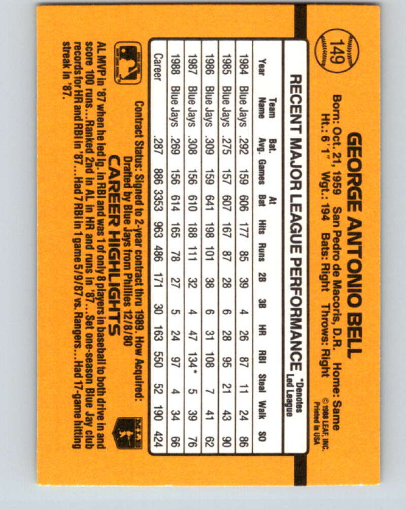 1989 Donruss #149 George Bell Mint Toronto Blue Jays Image 2