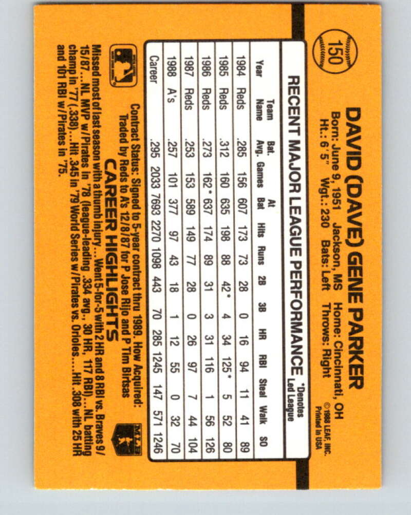 1989 Donruss #150 Dave Parker Mint Oakland Athletics Image 2