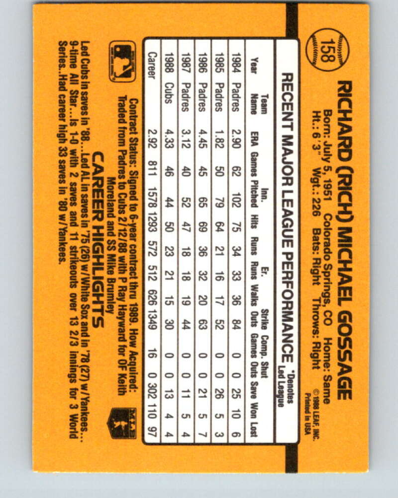 1989 Donruss #158 Rich Gossage Mint Chicago Cubs Image 2