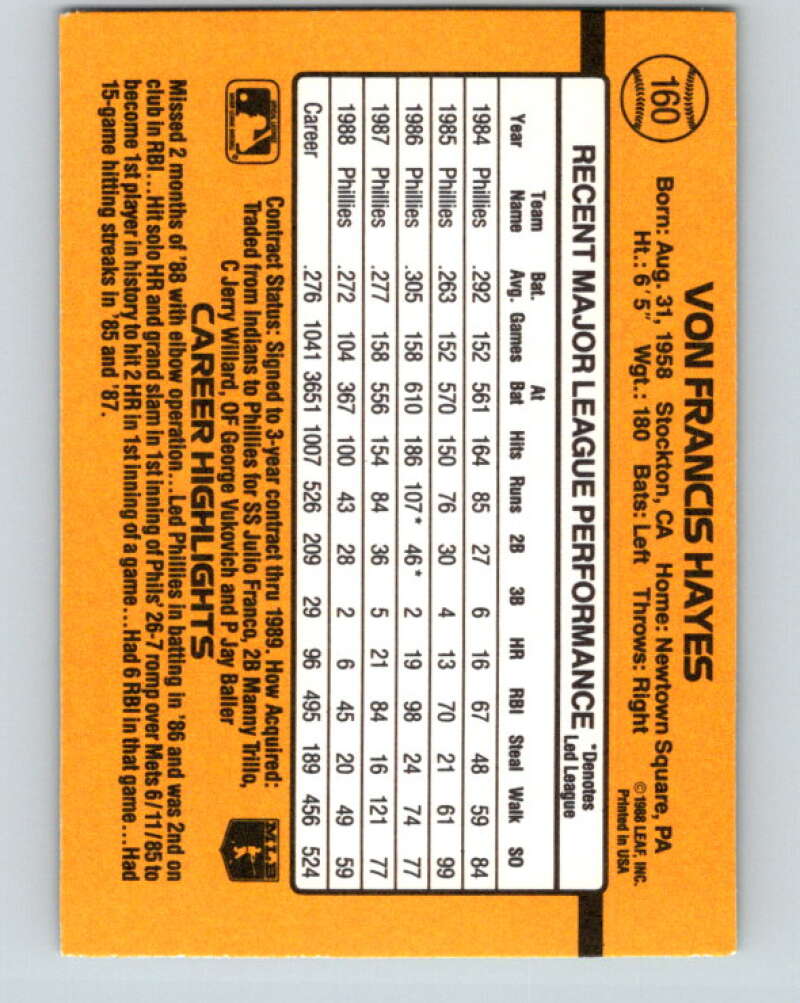 1989 Donruss #160 Von Hayes Mint Philadelphia Phillies Image 2