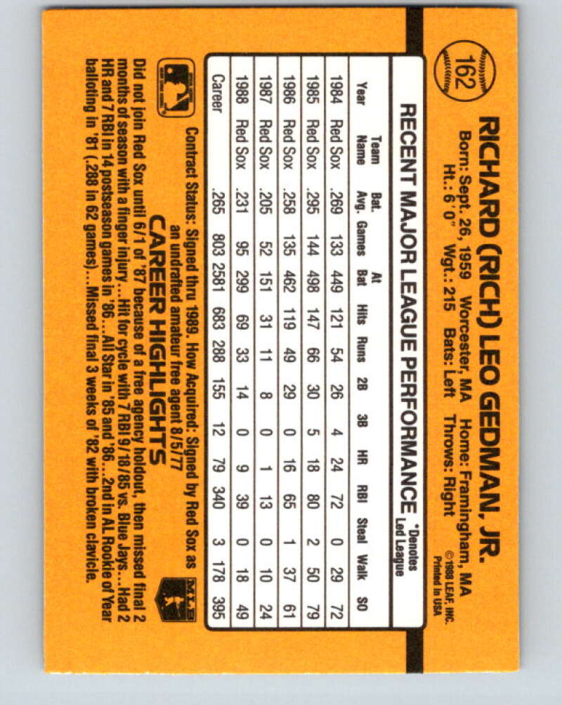1989 Donruss #162 Rich Gedman Mint Boston Red Sox Image 2