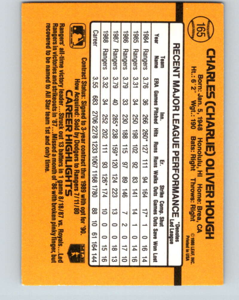 1989 Donruss #165 Charlie Hough Mint Texas Rangers Image 2