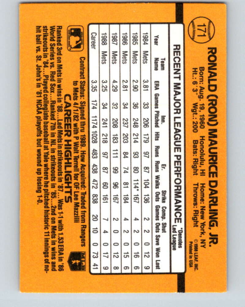1989 Donruss #171 Ron Darling Mint New York Mets Image 2