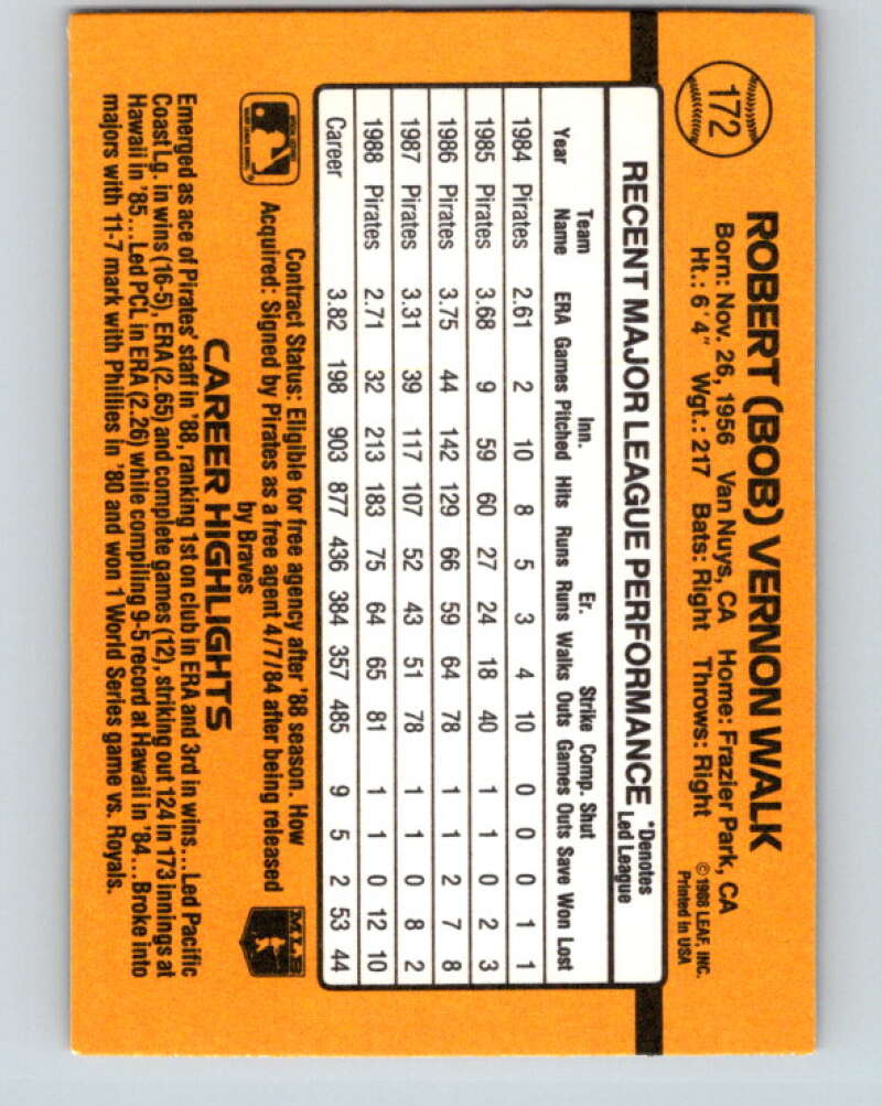 1989 Donruss #172 Bob Walk Mint Pittsburgh Pirates