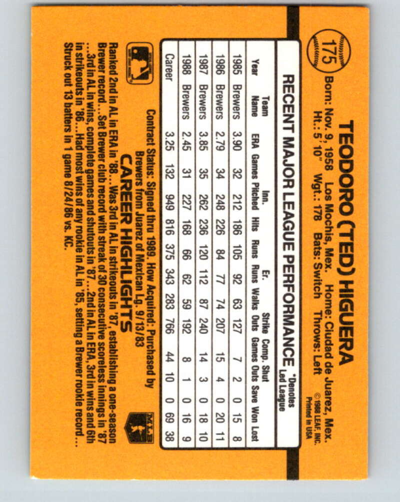1989 Donruss #175 Teddy Higuera Mint Milwaukee Brewers Image 2