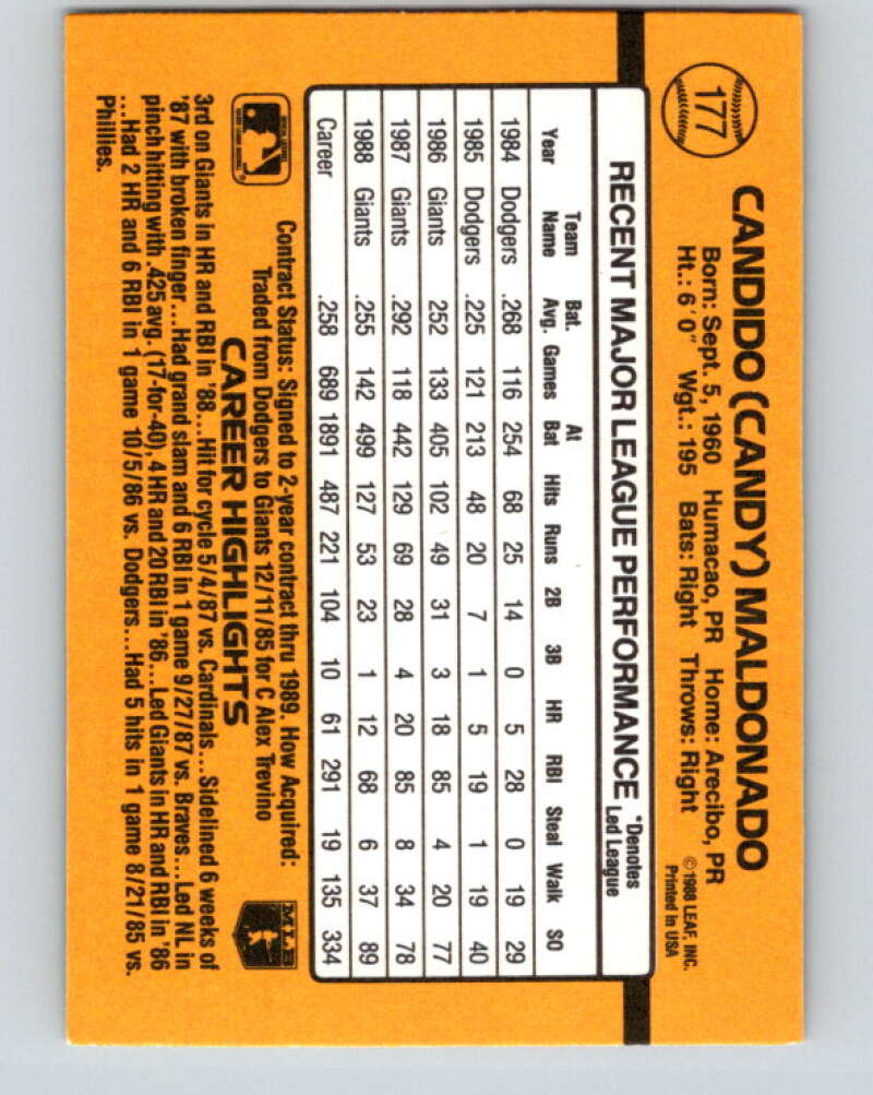1989 Donruss #177 Candy Maldonado Mint San Francisco Giants Image 2