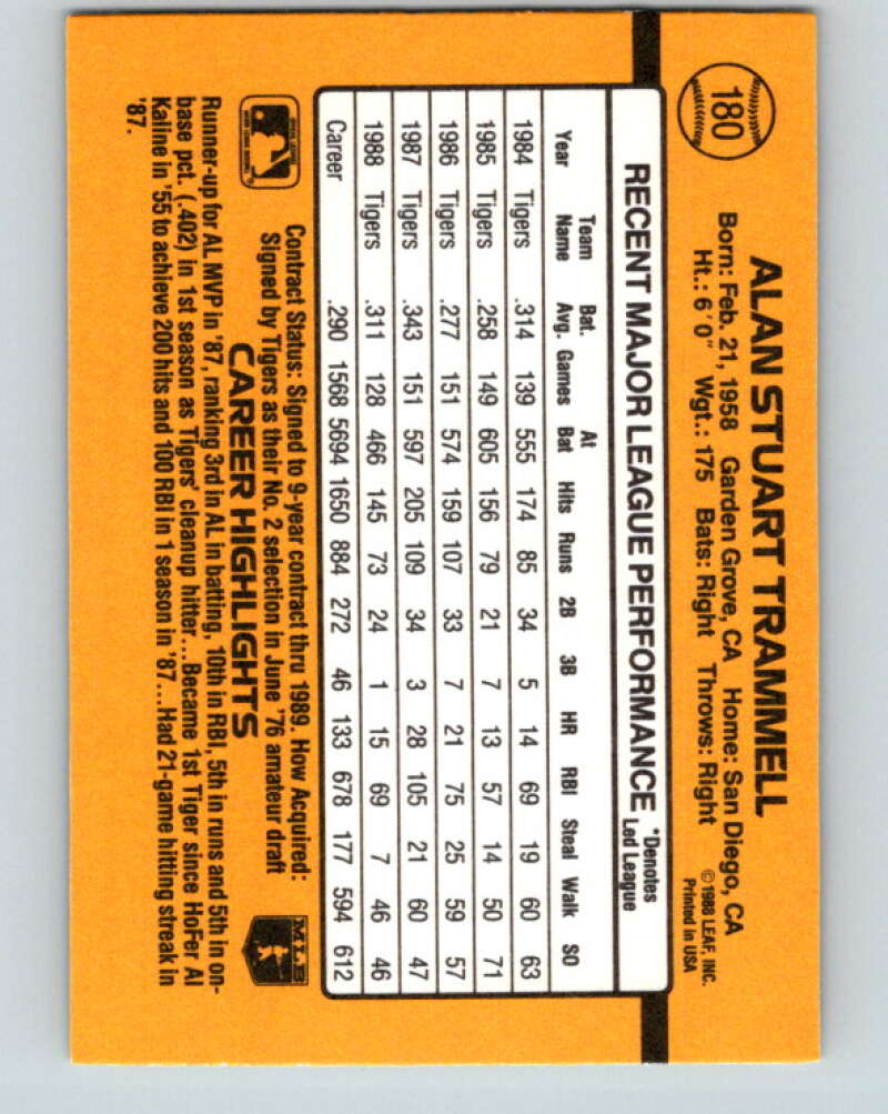 1989 Donruss #180 Alan Trammell Mint Detroit Tigers Image 2