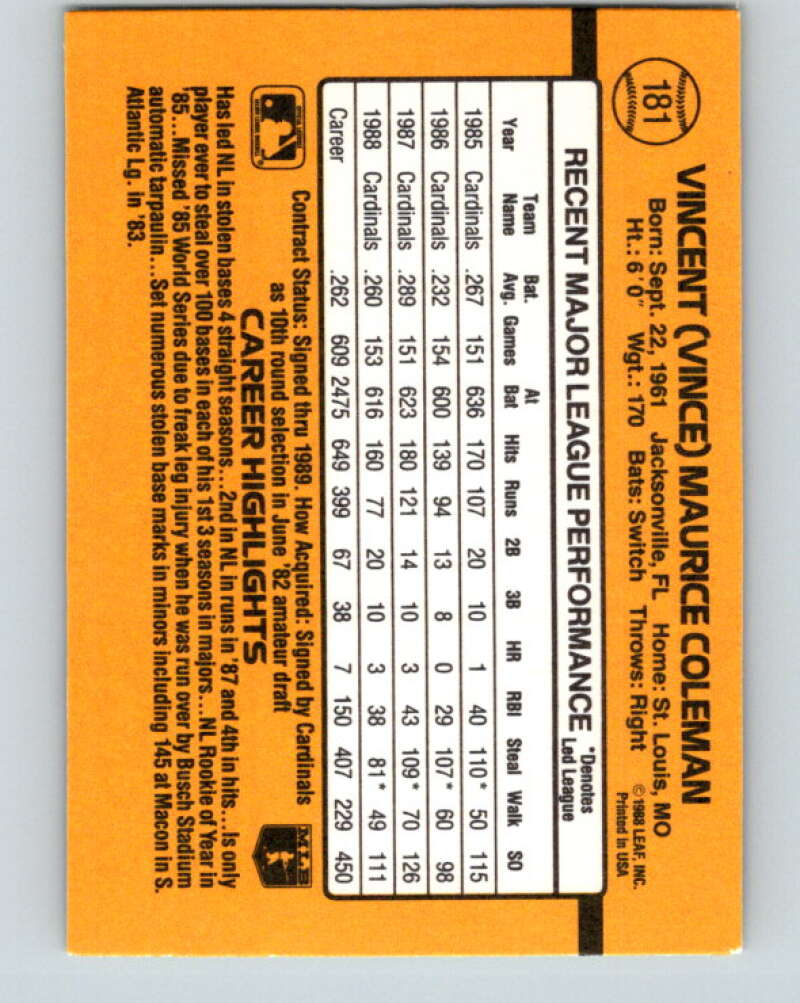 1989 Donruss #181 Vince Coleman Mint St. Louis Cardinals Image 2