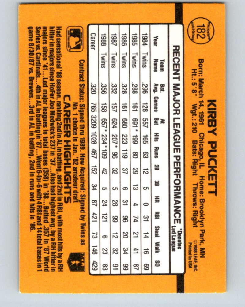 1989 Donruss #182 Kirby Puckett Mint Minnesota Twins Image 2