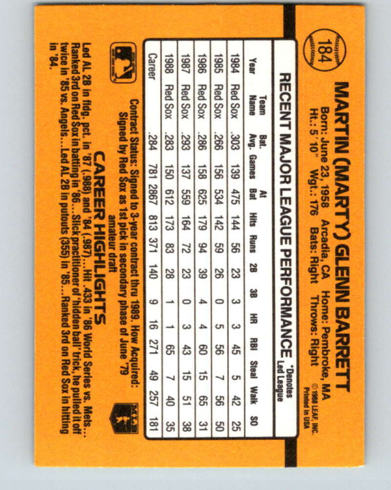 1989 Donruss #184 Marty Barrett Mint Boston Red Sox Image 2