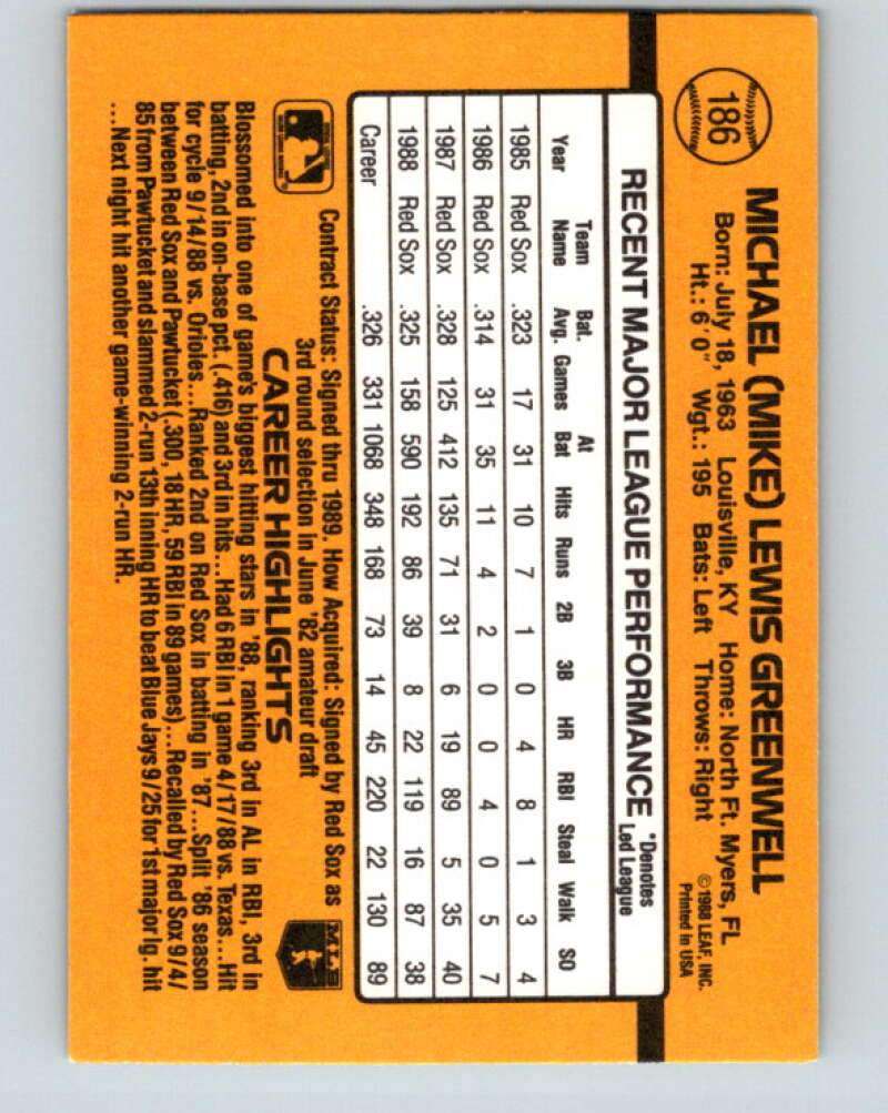 1989 Donruss #186 Mike Greenwell Mint Boston Red Sox