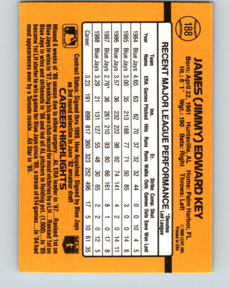 1989 Donruss #188 Jimmy Key Mint Toronto Blue Jays Image 2