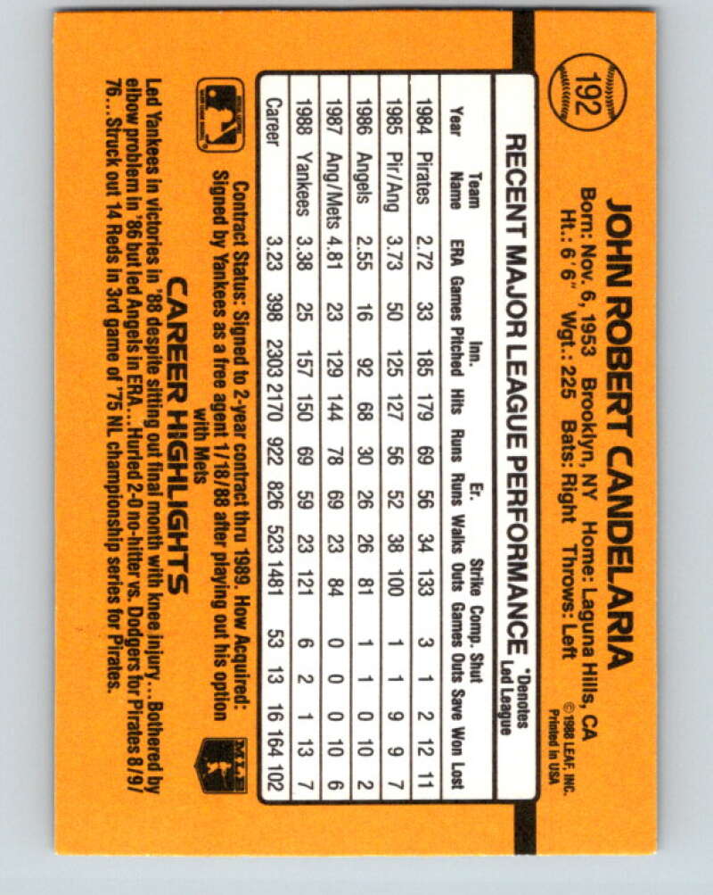 1989 Donruss #192 John Candelaria Mint New York Yankees Image 2